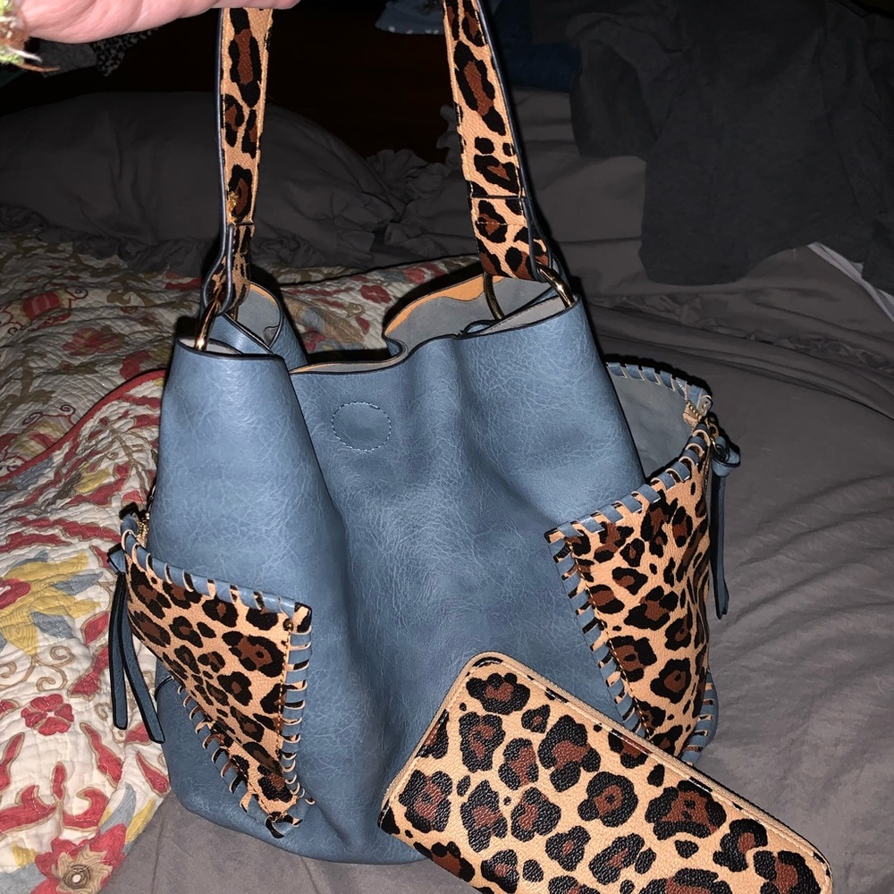 Blue and cheetah shoulder bag tote